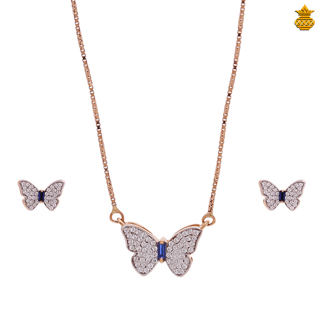 18K Rose Gold Butterfly Stone Pendant With Chain Stud