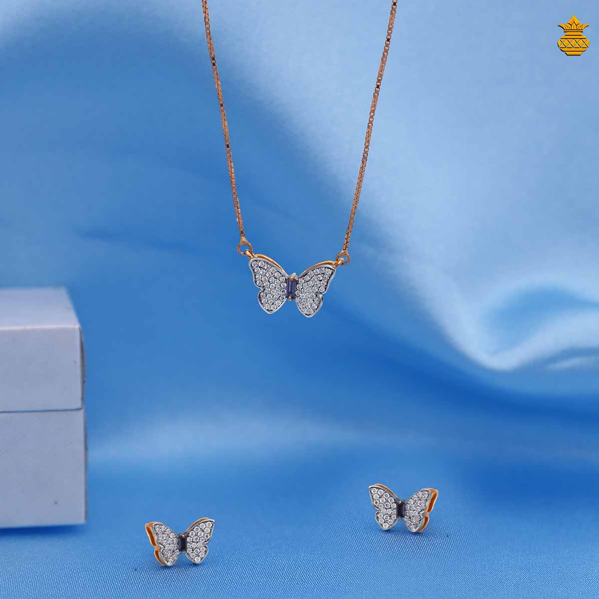 18K Rose Gold Butterfly Stone Pendant With Chain Stud