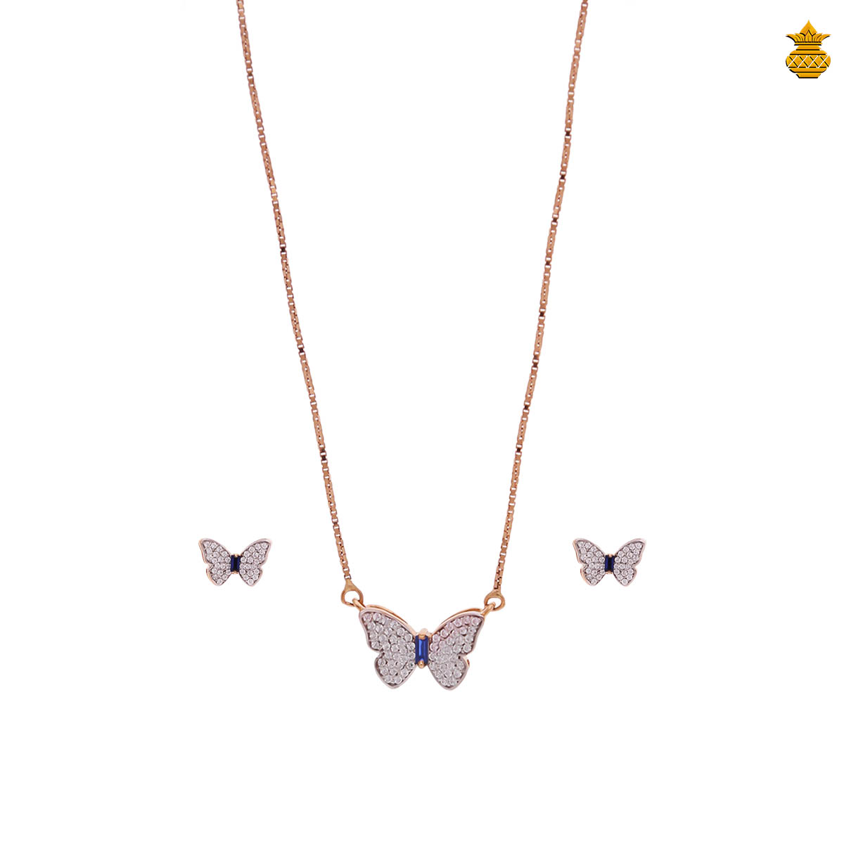 18K Rose Gold Butterfly Stone Pendant With Chain Stud